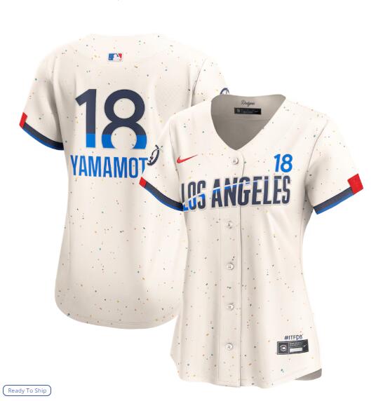 Womens Los Angeles Dodgers #18 Yoshinobu Yamamoto 2024 City Connect Limited Player Jersey - Cream (2) 