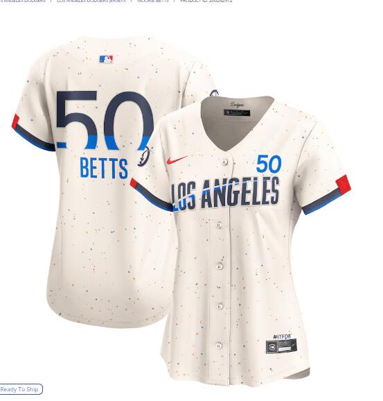  Womens Los Angeles Dodgers #50 Mookie Betts 2024 City Connect Limited Player Jersey - Cream (8) 