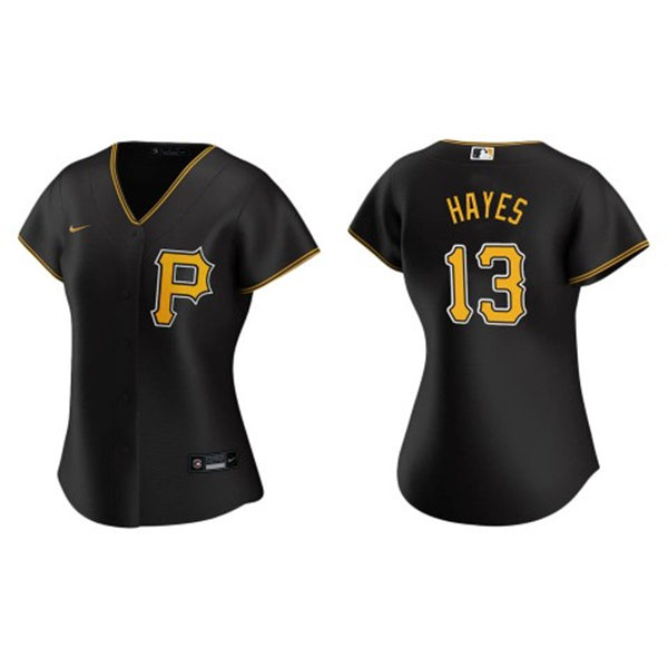  Womens Pittsburgh Pirates #13 Ke'Bryan Hayes Nike Black Alternate Team Logo Coolbase Jersey 