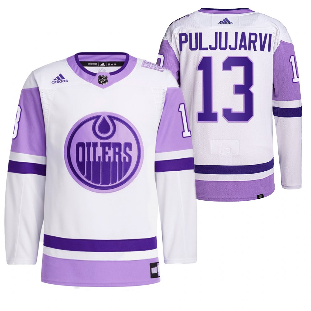 2021 HockeyFightsCancer Edmonton Oilers Jesse Puljujarvi White Jersey Primegreen