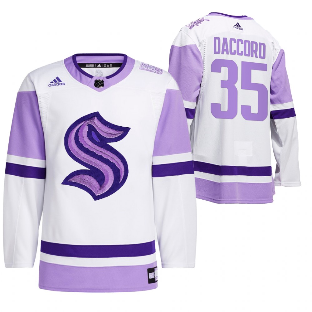 2021 HockeyFightsCancer Seattle Kraken Joey Daccord White Jersey Special