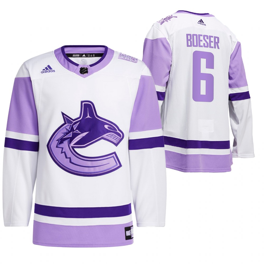 2021 HockeyFightsCancer Vancouver Canucks Brock Boeser White Jersey Special warm-up