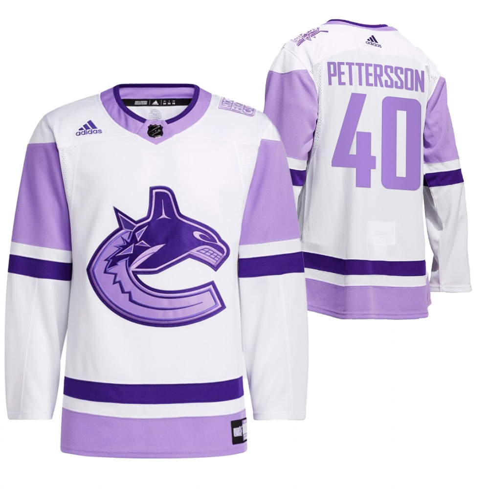 2021 HockeyFightsCancer Vancouver Canucks Elias Pettersson White Jersey Special warm-up