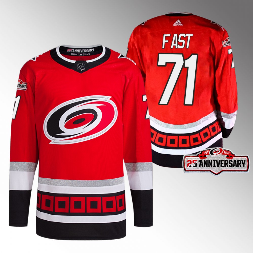 2022-23 Carolina Hurricanes Jesper Fast Red Third 25th Anniversary Jersey