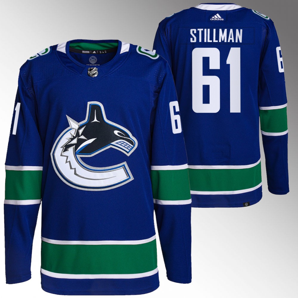 2022-23 Vancouver Canucks Riley Stillman Blue Primegreen Home Jersey