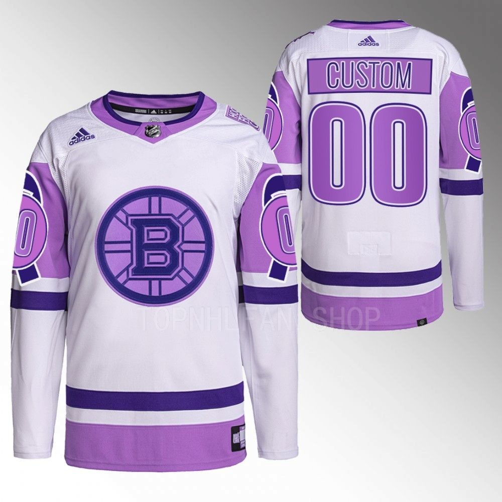 2022 Boston Bruins Custom Hockey Fights Cancer White Purple Primegreen Jersey