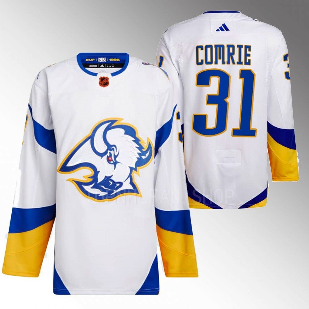 2022 Buffalo Sabres Eric Comrie Reverse Retro 2.0 White Authentic Primegreen Jersey