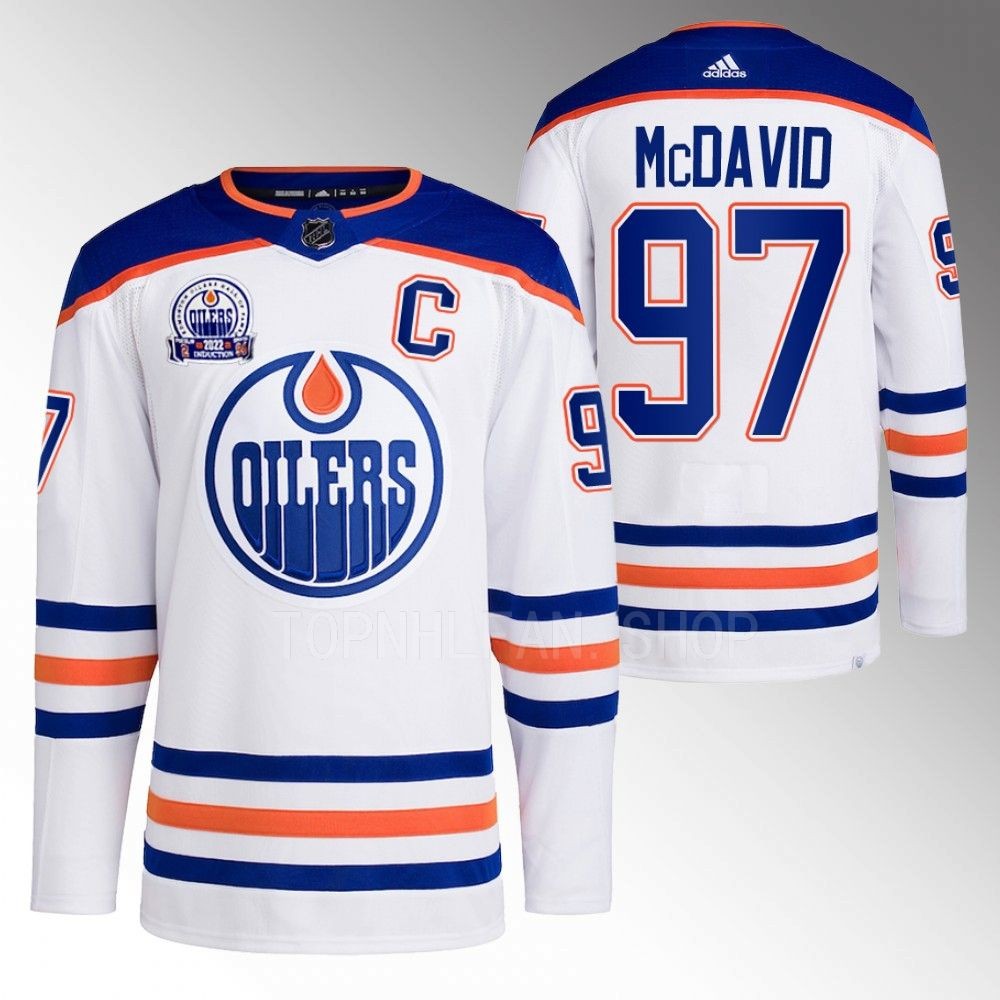 2022 Edmonton Oilers Connor McDavid White Lee Ryan Hall of Fame patch Away Jersey
