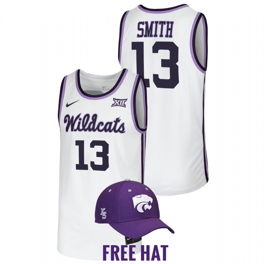 2022 Kansas State Wildcats Mark Smith Retro Basketball White Free Hat Jersey Men
