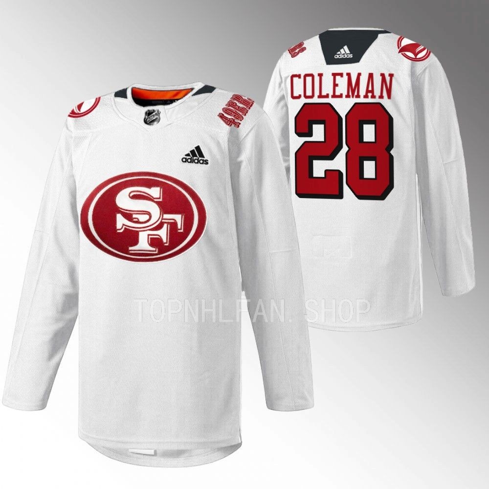 2022 San Jose Sharks Tevin Coleman 49er Mash-Up White Specialty Warm-Up Jersey
