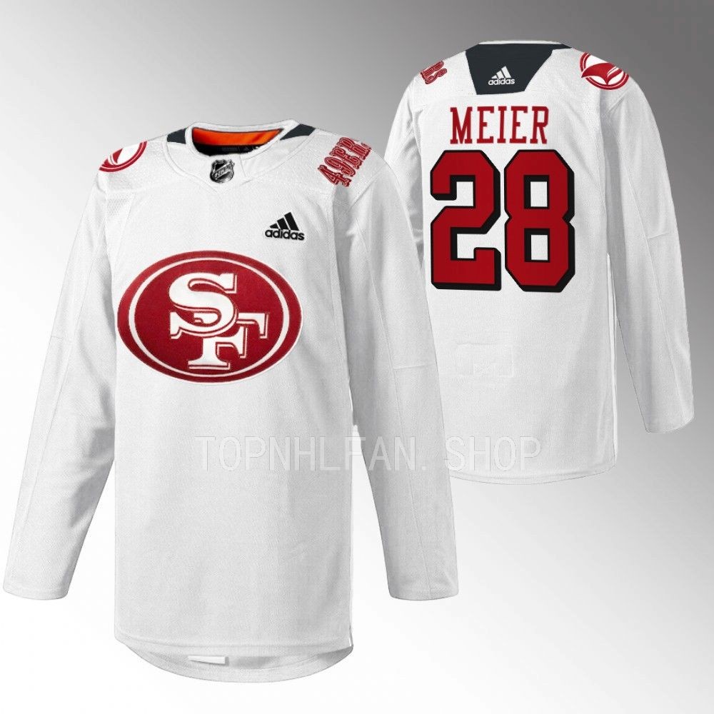 2022 San Jose Sharks Timo Meier 49er Mash-Up White Specialty Warm-Up Jersey