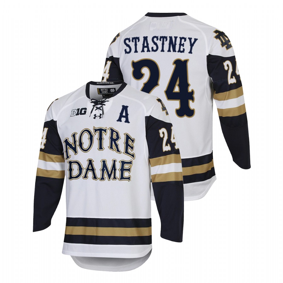 2022 notre dame fighting irish spencer stastney white college hockey home jersey