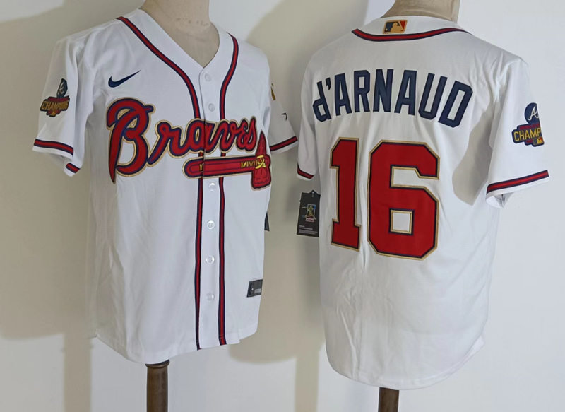 Mens Atlanta Braves #16 Travis d'Arnaud White 2022 Gold Program World Championship Stitched Baseball Jersey