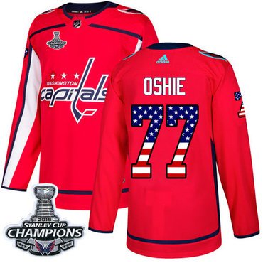 Adidas Capitals #77 T.J. Oshie Red Home Authentic USA Flag Stanley Cup Final Champions Stitched NHL Jersey