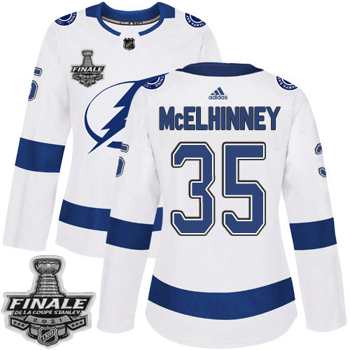 Adidas Lightning #35 Curtis McElhinney White Road Authentic Women's 2021 NHL Stanley Cup Final Patch Jersey