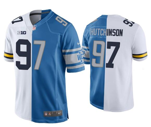 Aidan Hutchinson Detroit Lions Blue White 2022 NFL Draft Split Game Jersey