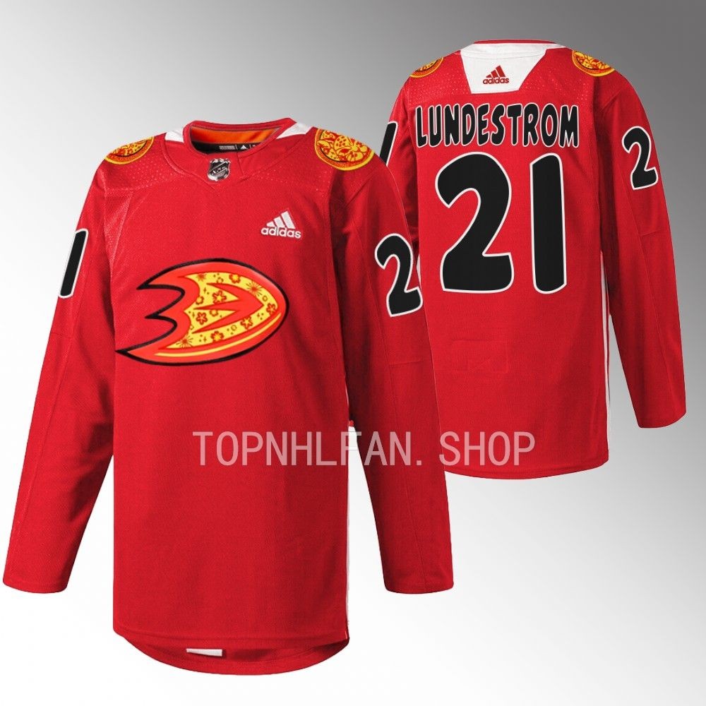 Anaheim Ducks Isac Lundestrom 2023 Lunar New Year Red Rabbit Warmup Jersey