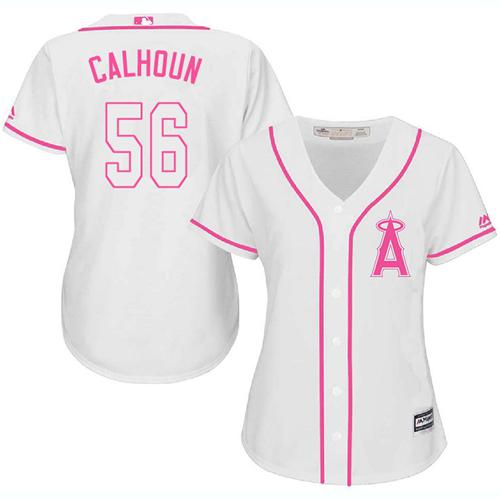 Angels #56 Kole Calhoun White Pink Fashion Women's Stitched MLB Jersey