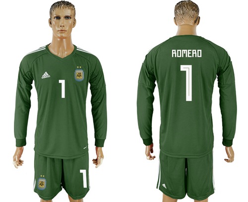 Argentina #1 Romero Army 2018 FIFA World CupGreen Long Sleeves Goalkeeper Soccer Country Jersey