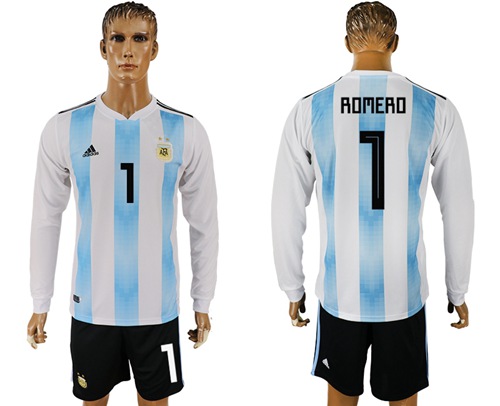 Argentina #1 Romero 2018 FIFA World Cup Home Long Sleeves Soccer Country Jersey