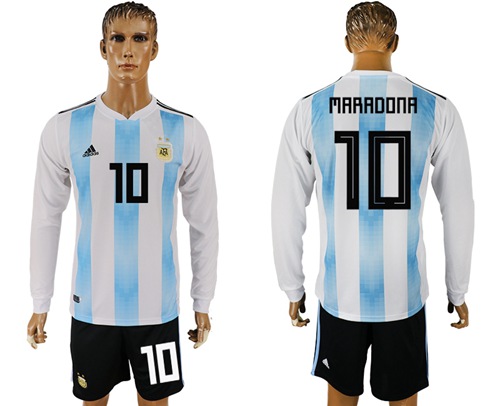 Argentina #10 Maradona 2018 FIFA World Cup Home Long Sleeves Soccer Country Jersey