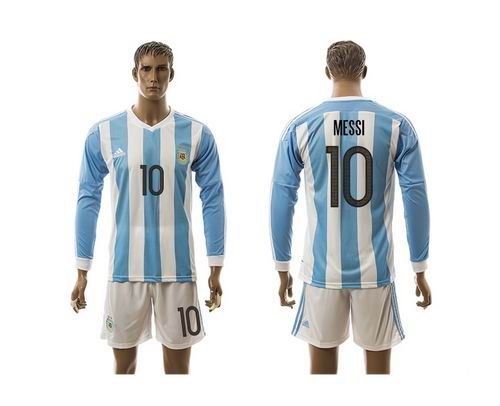 Argentina #10 Messi Home Long Sleeves Soccer Country Jersey