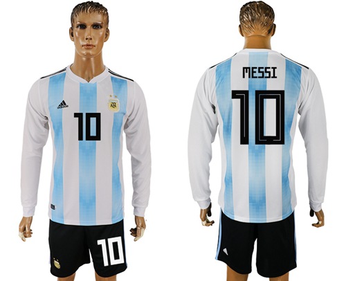 Argentina #10 Messi 2018 FIFA World Cup Home Long Sleeves Soccer Country Jersey