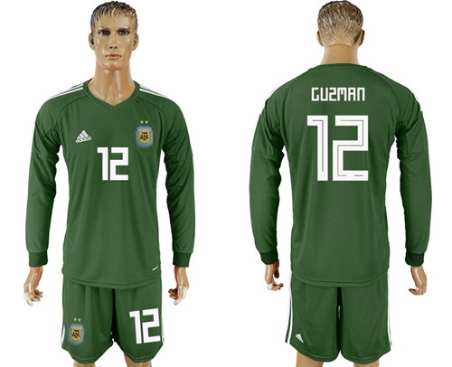 Argentina #12 Guzman Army 2018 FIFA World Cup Green Long Sleeves Goalkeeper Soccer Country Jersey