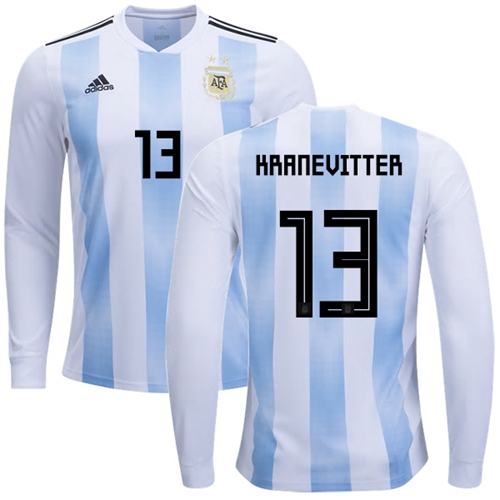 Argentina #13 Kranevitter 2018 FIFA World Cup Home Long Sleeves Soccer Country Jersey