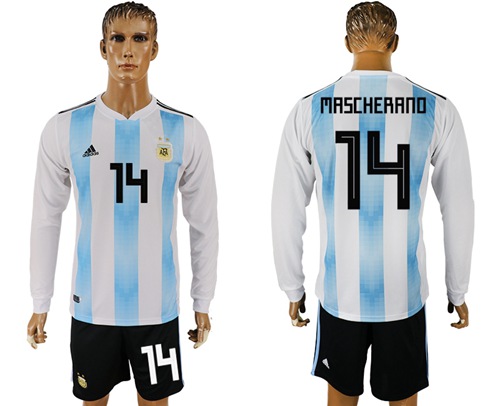 Argentina #14 Mascherano 2018 FIFA World Cup Home Long Sleeves Soccer Country Jersey