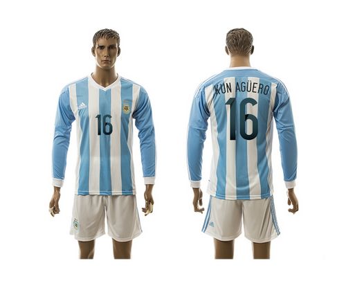 Argentina #16 Kun Aguero Home Long Sleeves Soccer Country Jersey