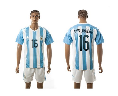Argentina #16 Kun Aguero Home Soccer Country Jersey