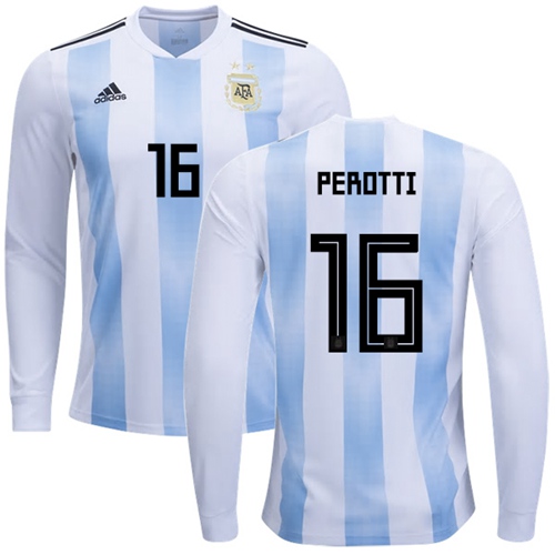 Argentina #16 Perotti 2018 FIFA World Cup Home Long Sleeves Soccer Country Jersey