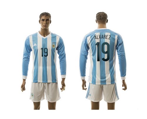 Argentina #19 Alvarez Home Long Sleeves Soccer Country Jersey