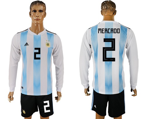 Argentina #2 Mercado 2018 FIFA World Cup Home Long Sleeves Soccer Country Jersey