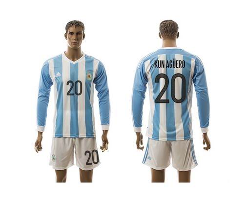 Argentina #20 Kun Aguero Home Long Sleeves Soccer Country Jersey