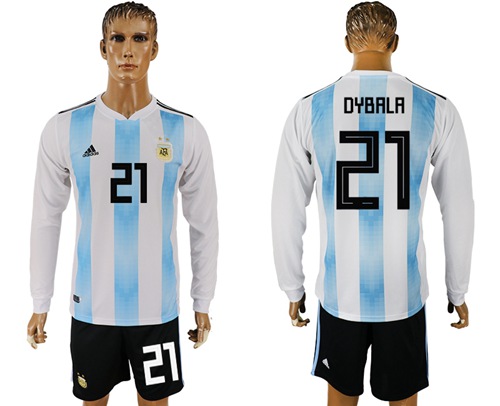 Argentina #21 Dybala 2018 FIFA World Cup Home Long Sleeves Soccer Country Jersey