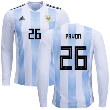 Argentina #26 Pavon Home Long Sleeves Kid Soccer Country Jersey