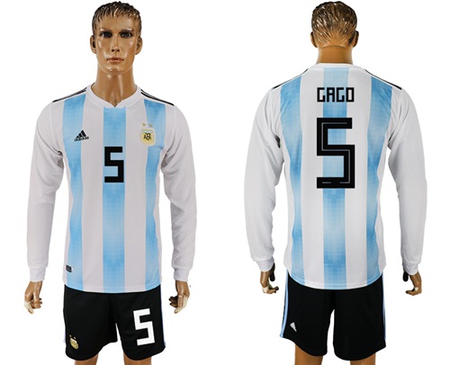 Argentina #5 Gago 2018 FIFA World Cup Home Long Sleeves Soccer Country Jersey