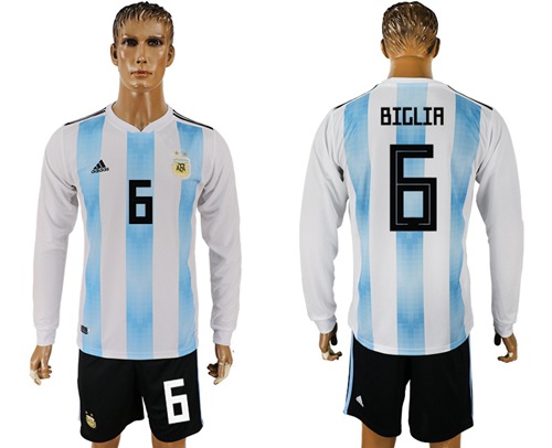 Argentina #6 Biglia 2018 FIFA World Cup Home Long Sleeves Soccer Country Jersey