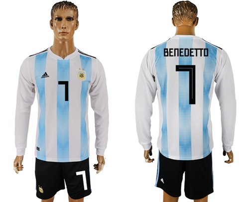 Argentina #7 Benedetto 2018 FIFA World Cup Home Long Sleeves Soccer Country Jersey