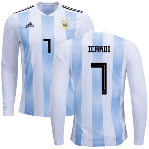 Argentina #7 Icardi 2018 FIFA World Cup Home Long Sleeves Soccer Country Jersey