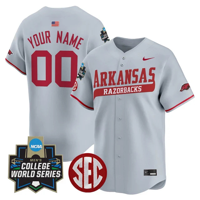 Arkansas Razorbacks 2025 World Series Vapor Premier Limited Custom Jersey - All Stitched Youth gray