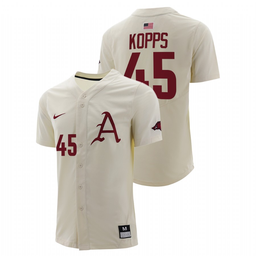 Arkansas Razorbacks Kevin Kopps Men Natural College Baseball Full-Button Jersey