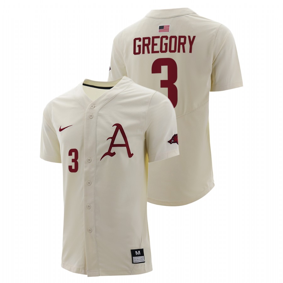 Arkansas Razorbacks Zack Gregory Men Natural College Baseball Full-Button Jersey