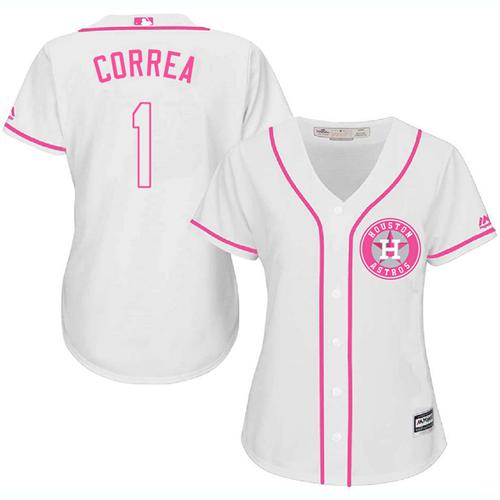 Astros #1 Carlos Correa White Pink Fashion Women's Stitched MLB Jersey