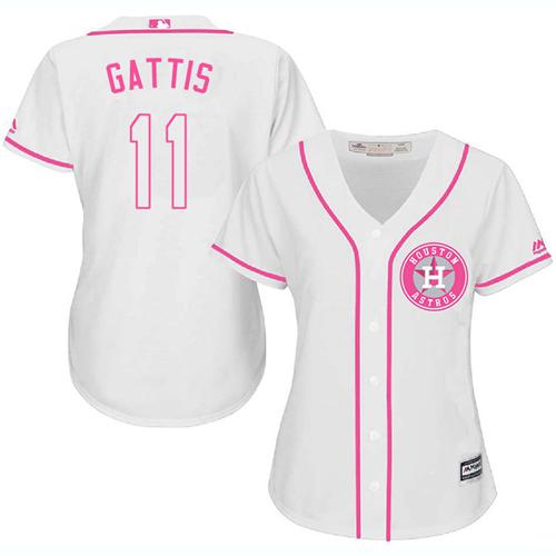 Astros #11 Evan Gattis White Pink Fashion Women's Stitched MLB Jersey