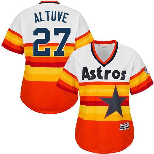 Astros #27 Jose Altuve White Orange Alternate Cooperstown Women's Stitched MLB Jersey