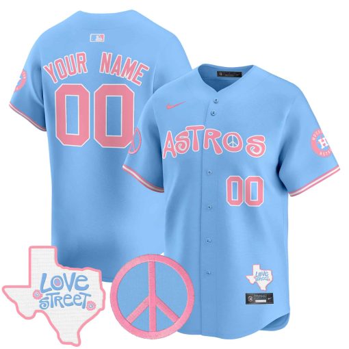 Astros Love Street & Peace Sign Patch Bubblegum Pink Vapor Premier Limited Custom Jersey BLUE
