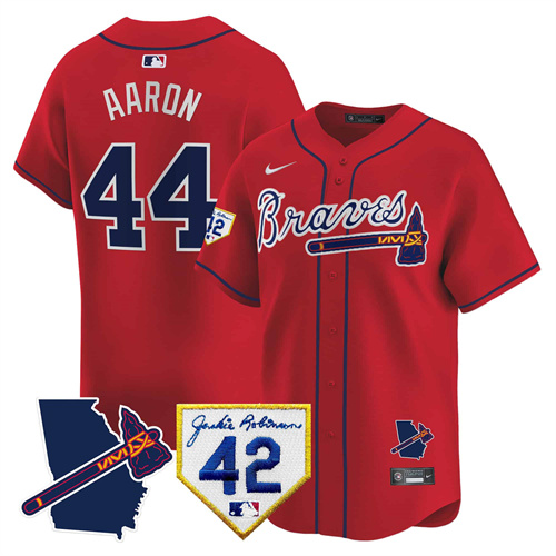 Atlanta Braves 2024 Robinson & Georgia Patch Vapor Premier Limited Baseball   Jersey – All Stitched  Red #44 Hank Aaron